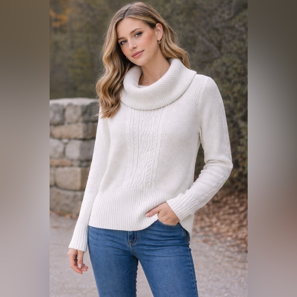 Jeanne Pierre White Cable Knit Cowl Neck Sweater Women’s M 100% Cotton Ribbed
